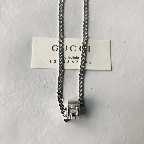 Gucci Necklace Open G Cutout GG Ring Pendant Silver Ag925 Curb Chain - Picture 1 of 14